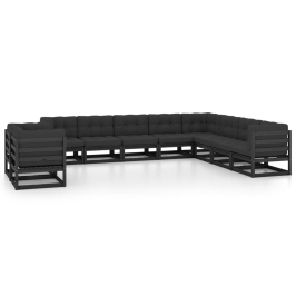 Set de muebles de jardín 10 pzas con cojines madera pino negro