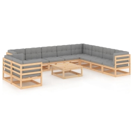 Juego de muebles de jardín 11 pzas y cojines madera maciza pino