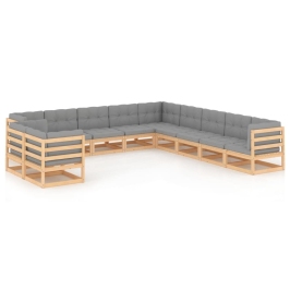 Juego de muebles de jardín 11 pzas y cojines madera maciza pino