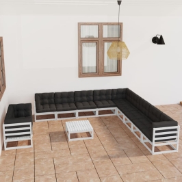 Set de muebles de jardín 12 pzas con cojines madera pino blanco