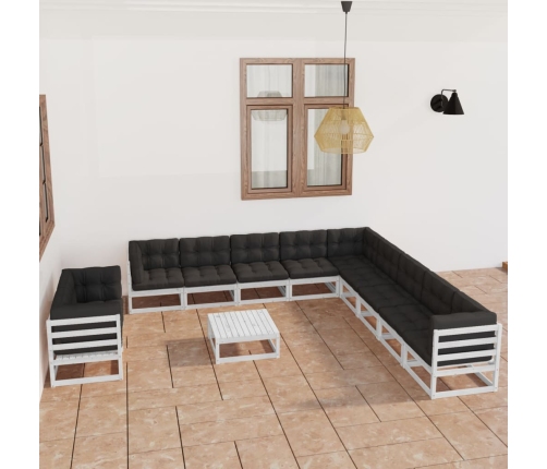 Set de muebles de jardín 12 pzas con cojines madera pino blanco