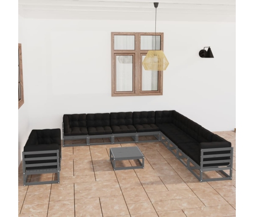 Set de muebles de jardín 12 pzas con cojines madera pino gris