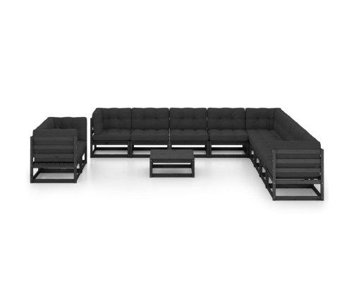Set de muebles de jardín 12 pzas con cojines madera pino negro