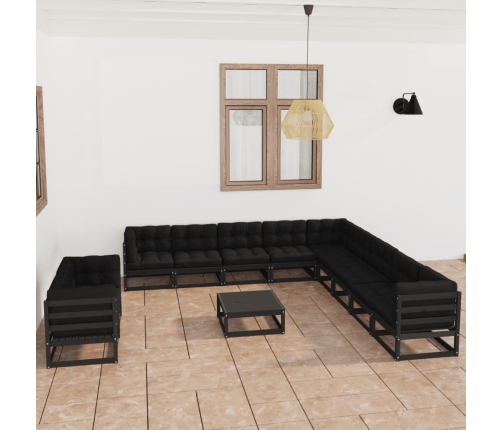 Set de muebles de jardín 12 pzas con cojines madera pino negro