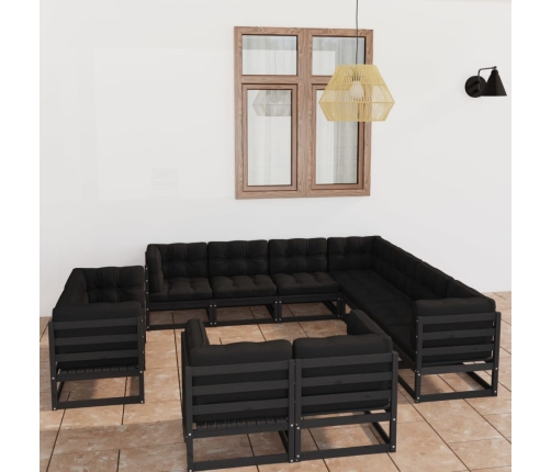 Set de muebles de jardín 11 pzas con cojines madera pino negro