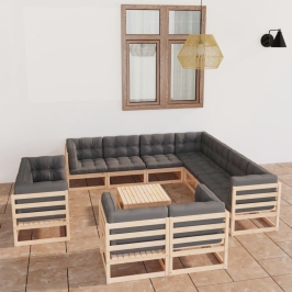 Juego de muebles de jardín 12 pzas y cojines madera maciza pino