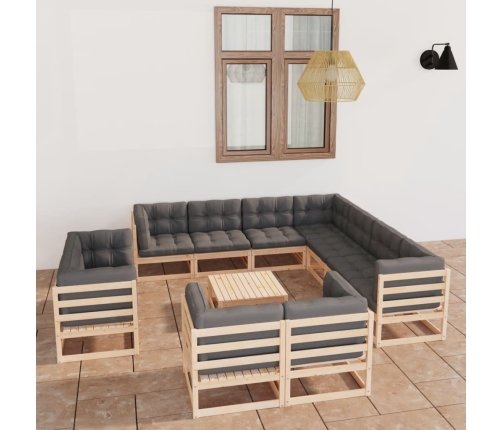 Juego de muebles de jardín 12 pzas y cojines madera maciza pino