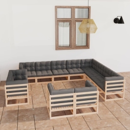 Juego de muebles de jardín 12 pzas y cojines madera maciza pino