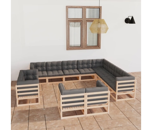 Juego de muebles de jardín 12 pzas y cojines madera maciza pino