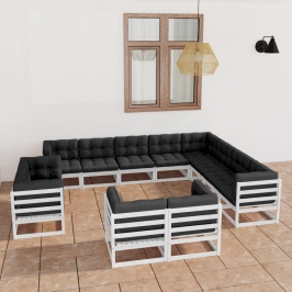 Set de muebles de jardín 12 pzas con cojines madera pino blanco
