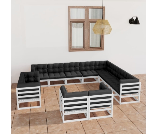 Set de muebles de jardín 12 pzas con cojines madera pino blanco