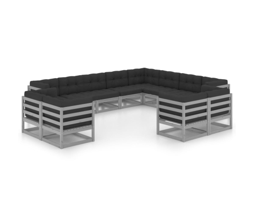 Set de muebles de jardín 12 pzas con cojines madera pino gris