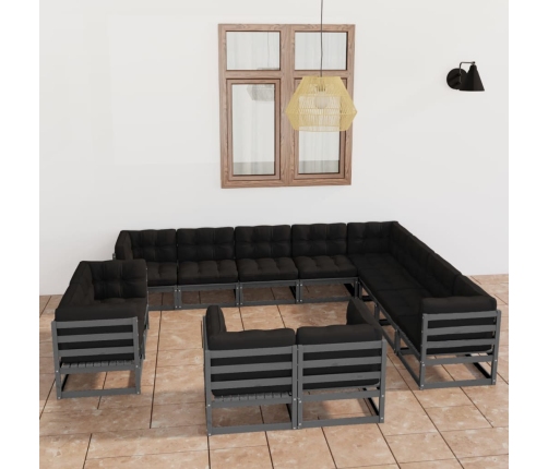 Set de muebles de jardín 12 pzas con cojines madera pino gris