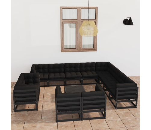 Set de muebles de jardín 13 pzas con cojines madera pino negro