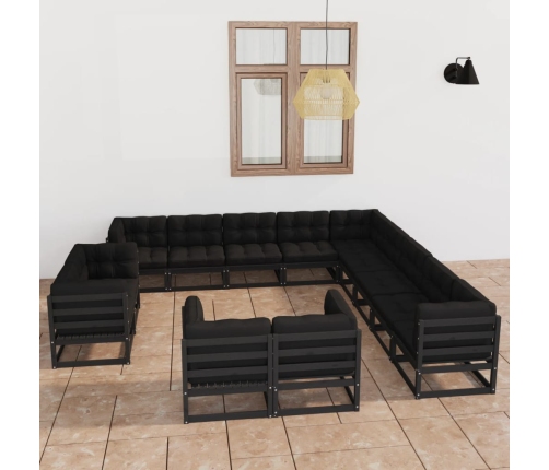 Set de muebles de jardín 13 pzas con cojines madera pino negro