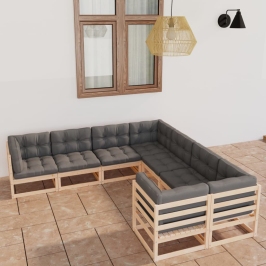 Muebles de jardín 8 pzas y cojines madera maciza pino