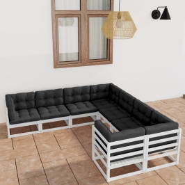 Set muebles jardín con cojines 8 pzas madera maciza pino blanco
