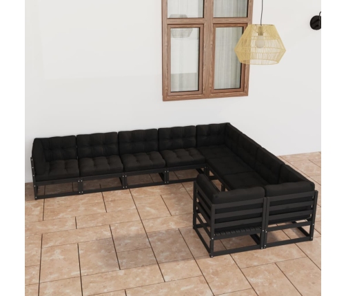Set de muebles de jardín 9 pzas con cojines madera pino negro