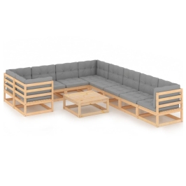 Juego de muebles de jardín 10 pzas y cojines madera maciza pino