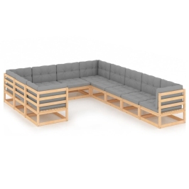 Juego de muebles de jardín 10 pzas y cojines madera maciza pino