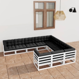 Set de muebles de jardín 10 pzas con cojines madera pino blanco