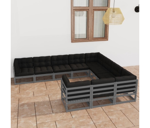 Set de muebles de jardín 10 pzas con cojines madera pino gris