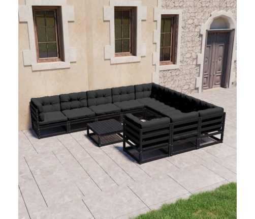 Set de muebles de jardín 11 pzas con cojines madera pino negro