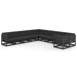 Set de muebles de jardín 10 pzas con cojines madera pino negro