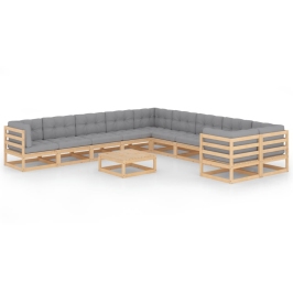 Juego de muebles de jardín 11 pzas y cojines madera maciza pino