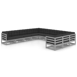 Set de muebles de jardín 11 pzas con cojines madera pino gris