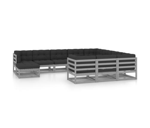 Set de muebles de jardín 11 pzas con cojines madera pino gris