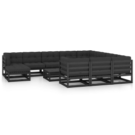 Set de muebles de jardín 12 pzas con cojines madera pino negro