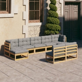 Juego de muebles de jardín 9 pzas y cojines madera maciza pino