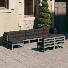 Juego de muebles de jardín 9 pzas y cojines madera maciza pino