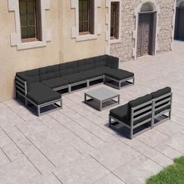 Set de muebles de jardín 10 pzas con cojines madera pino gris