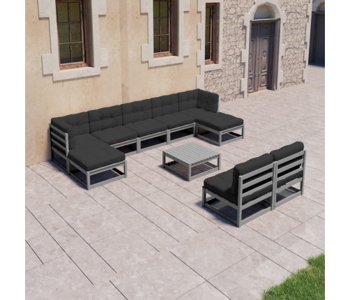 Set de muebles de jardín 10 pzas con cojines madera pino gris