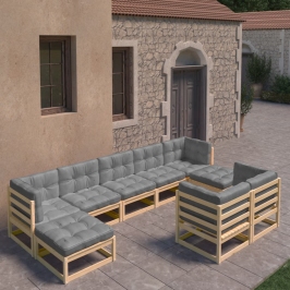 Juego de muebles de jardín 9 pzas y cojines madera maciza pino