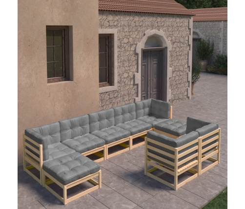 Juego de muebles de jardín 9 pzas y cojines madera maciza pino