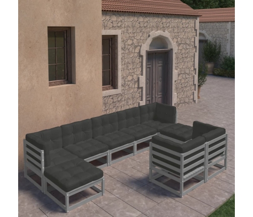 Juego de muebles de jardín 9 pzas y cojines madera maciza pino
