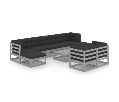 Set de muebles de jardín 10 pzas con cojines madera pino gris