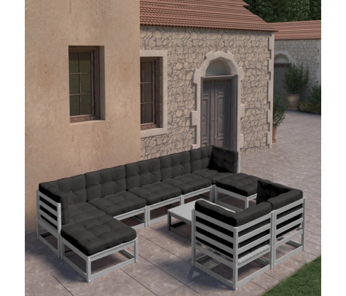 Set de muebles de jardín 10 pzas con cojines madera pino gris