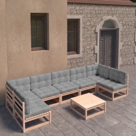 Muebles de jardín 8 pzas y cojines madera maciza pino
