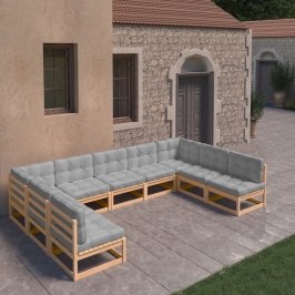 Juego de muebles de jardín 9 pzas y cojines madera maciza pino