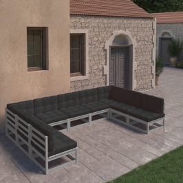 Set de muebles de jardín 9 pzas con cojines madera pino gris