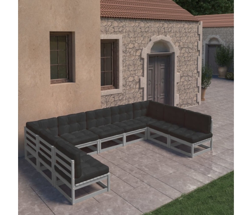 Set de muebles de jardín 9 pzas con cojines madera pino gris