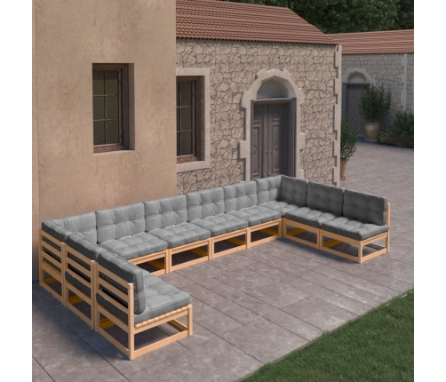 Juego de muebles de jardín 10 pzas y cojines madera maciza pino