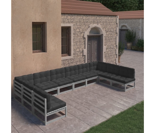 Set de muebles de jardín 10 pzas con cojines madera pino gris