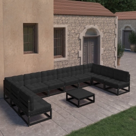 Set de muebles de jardín 11 pzas con cojines madera pino negro