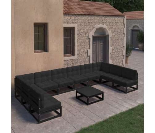 Set de muebles de jardín 11 pzas con cojines madera pino negro