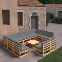 Juego de muebles de jardín 10 pzas y cojines madera maciza pino